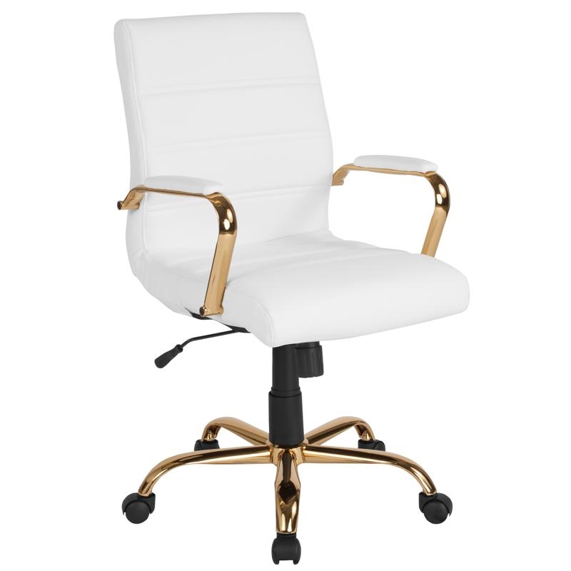 Maklaine Mid Back Leather Office Swivel Chair in White and Gold