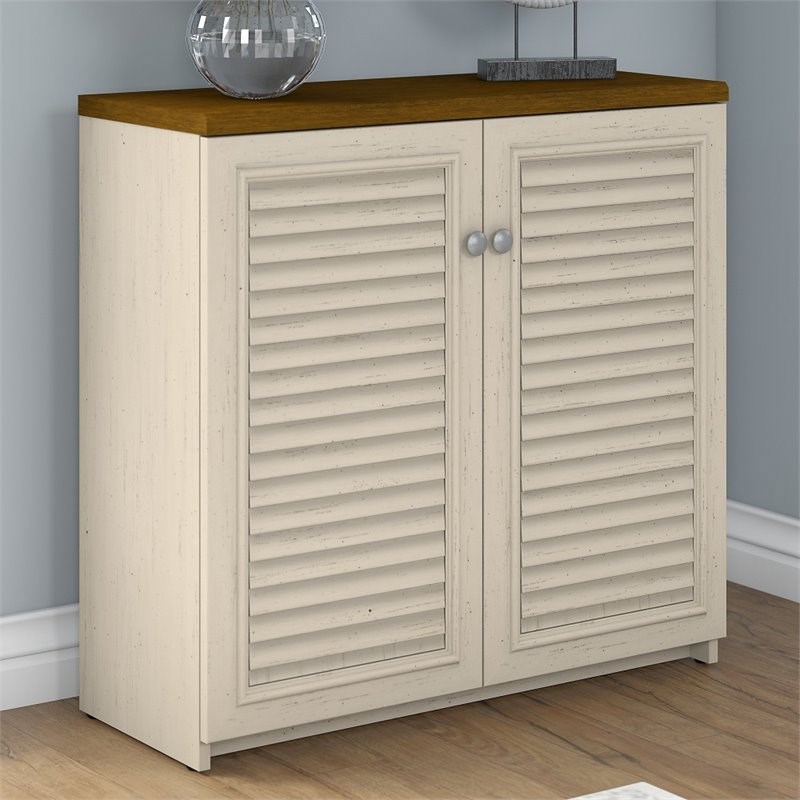 Maklaine Engineered Wood Small Storage Cabinet with Doors in Antique White