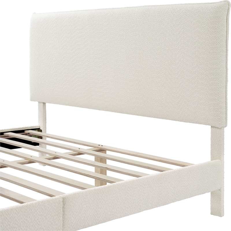 Maklaine Contemporary Boucle Fabric Mattress Ready Queen Bed in White