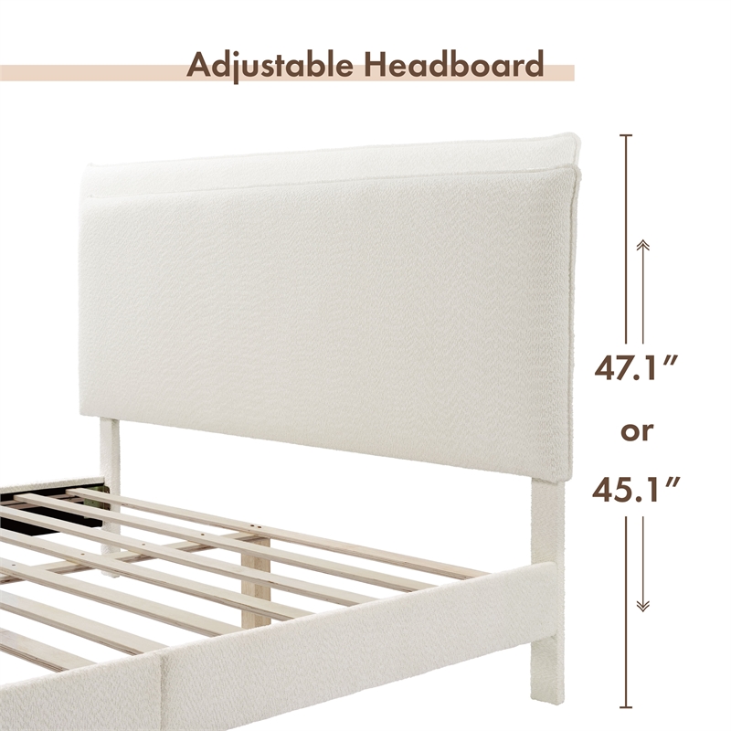 Maklaine Contemporary Boucle Fabric Mattress Ready Queen Bed in White