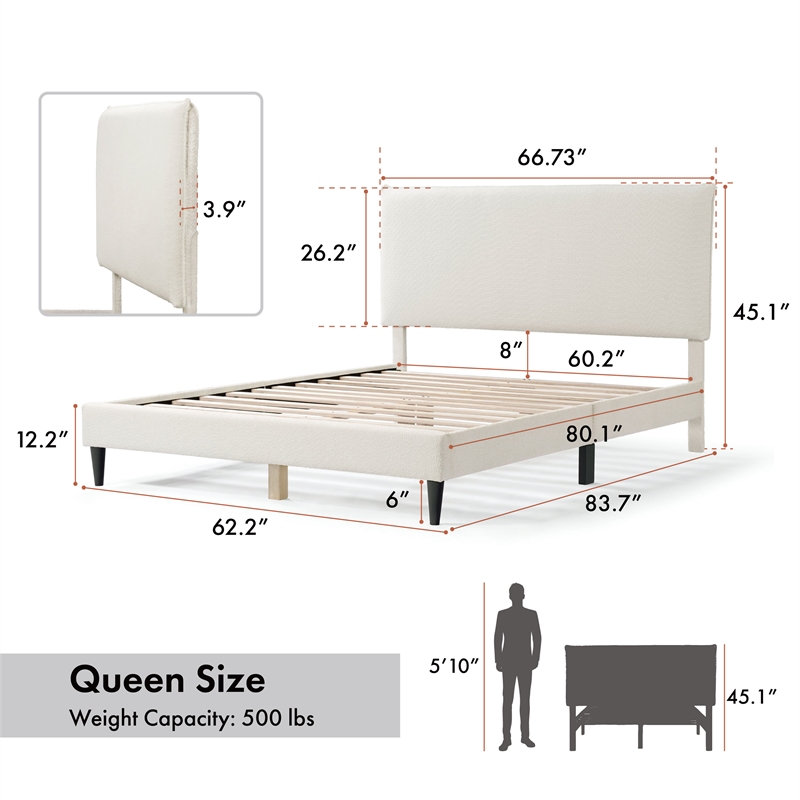 Maklaine Contemporary Boucle Fabric Mattress Ready Queen Bed in White