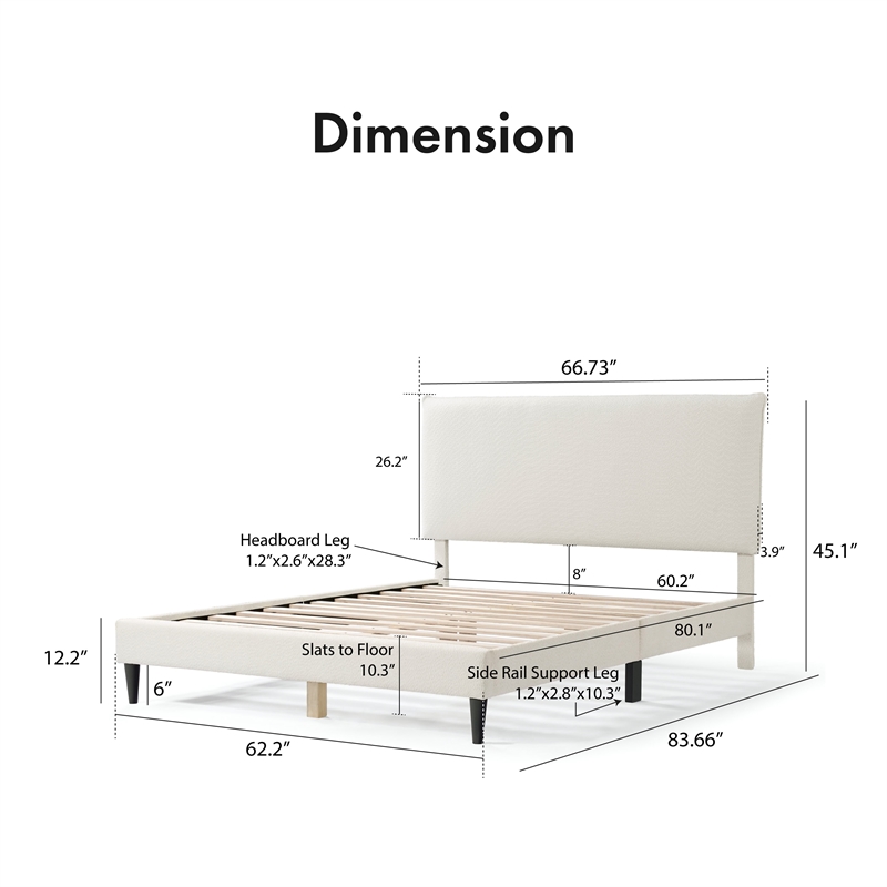 Maklaine Contemporary Boucle Fabric Mattress Ready Queen Bed in White