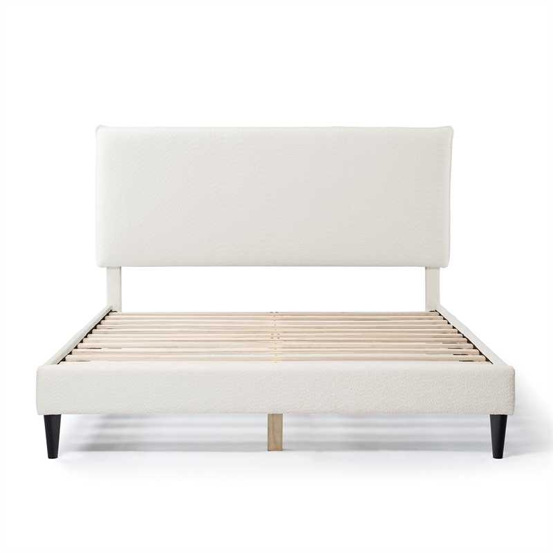 Maklaine Contemporary Boucle Fabric Mattress Ready Queen Bed in White