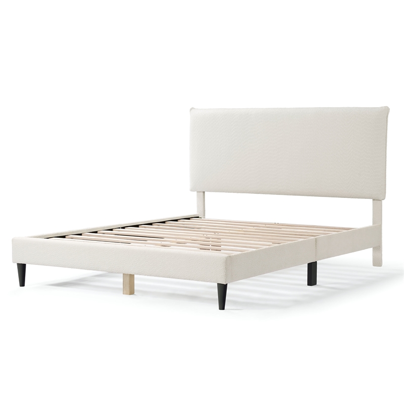 Maklaine Contemporary Boucle Fabric Mattress Ready Queen Bed in White