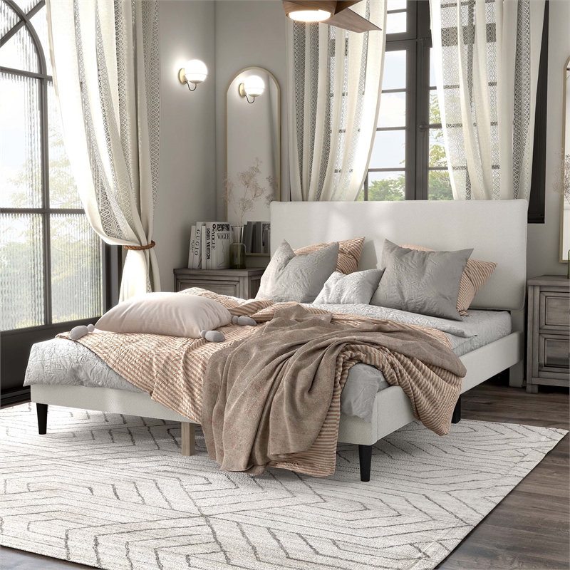 Maklaine Contemporary Boucle Fabric Mattress Ready Queen Bed in White