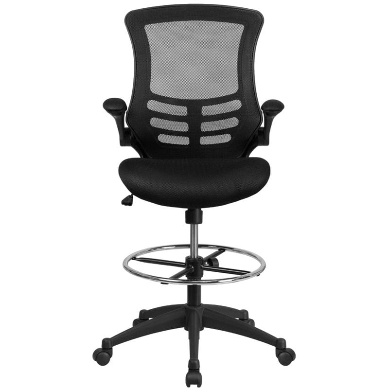 Maklaine Modern Transitional Mid Back Mesh Drafting Stool in Black