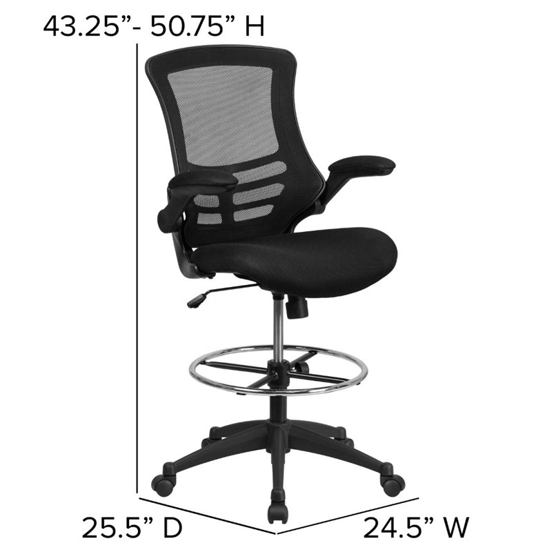Maklaine Modern Transitional Mid Back Mesh Drafting Stool in Black