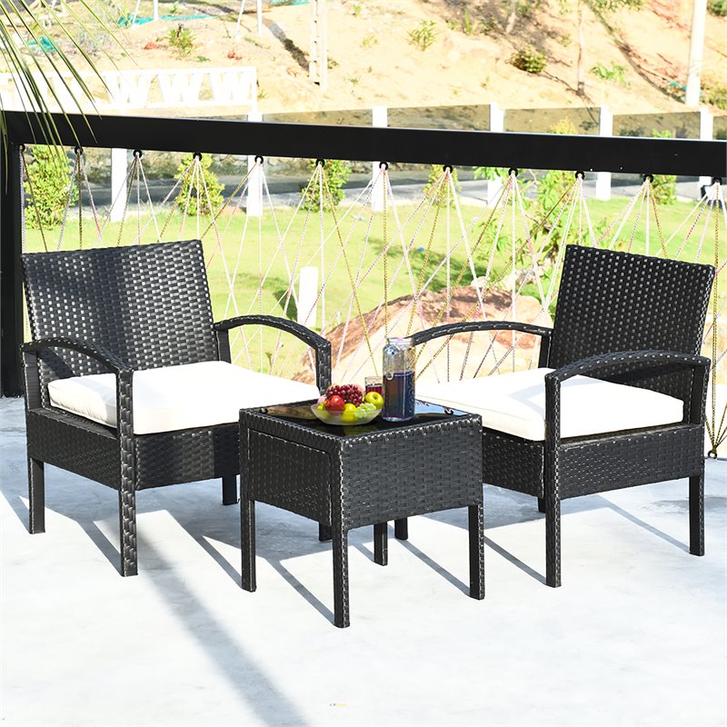Maklaine 3 Pieces Rattan Patio Furniture Set with Cushion Outdoor in Black