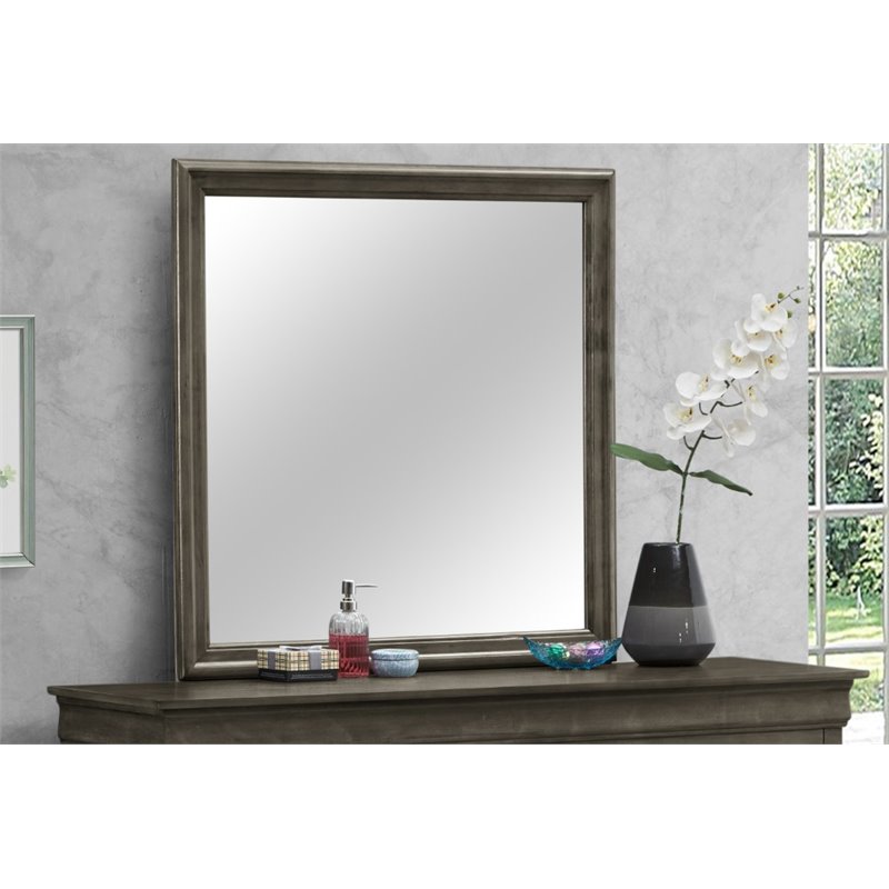 Maklaine Traditional Engineered Wood Frame Mirror in Gray Finish