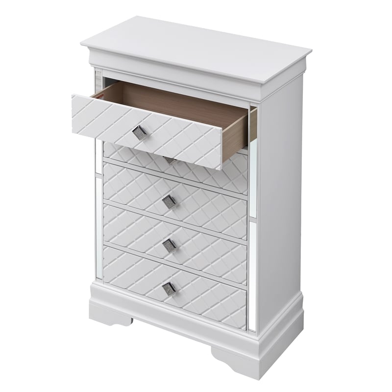 Maklaine Contemporary Wood 5 English Dovetailed Drawers Chest in White