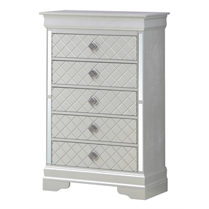 Maklaine Contemporary Wood Frame 5 Drawer Chest in Silver Champagne