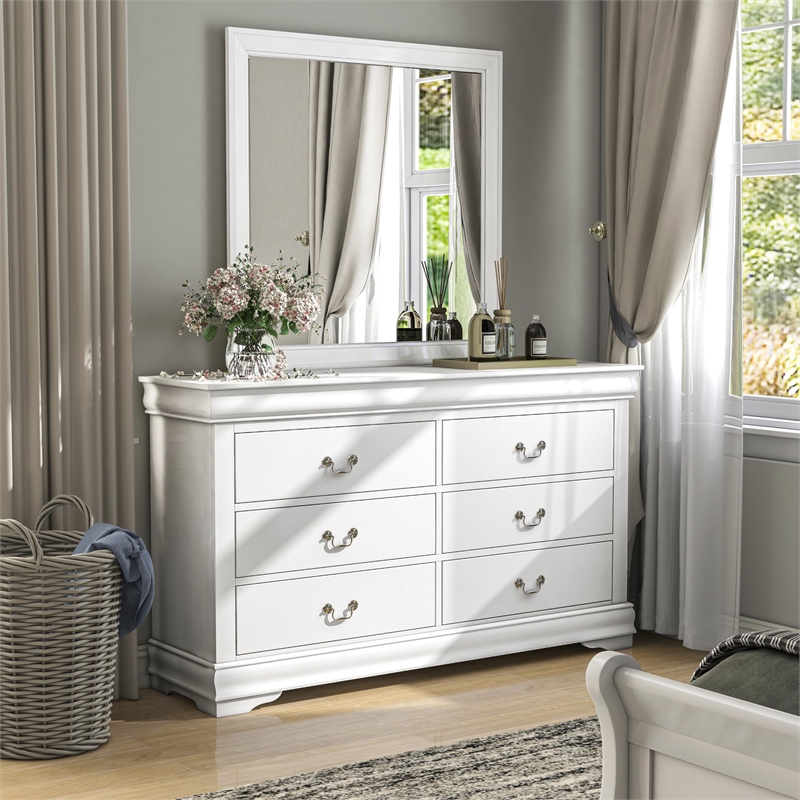 Maklaine Transitional Wood 6-Drawer Dresser with Mirror in White
