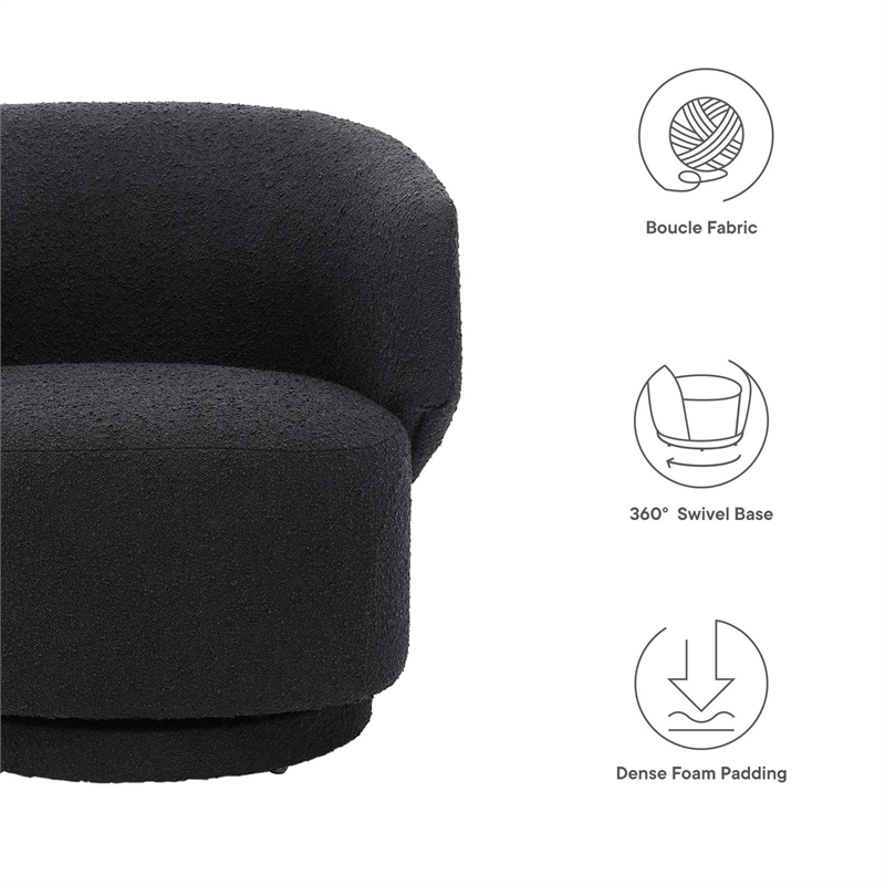 Maklaine Upholstered Modern Boucle Fabric Swivel Chair in Black