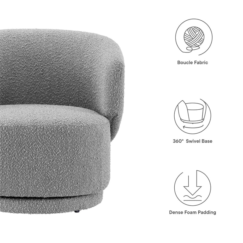 Maklaine Upholstered Modern Boucle Fabric Swivel Chair in Light Gray