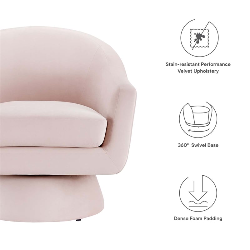 Maklaine Performance Velvet Fabric and Wood Swivel Chair in Pink
