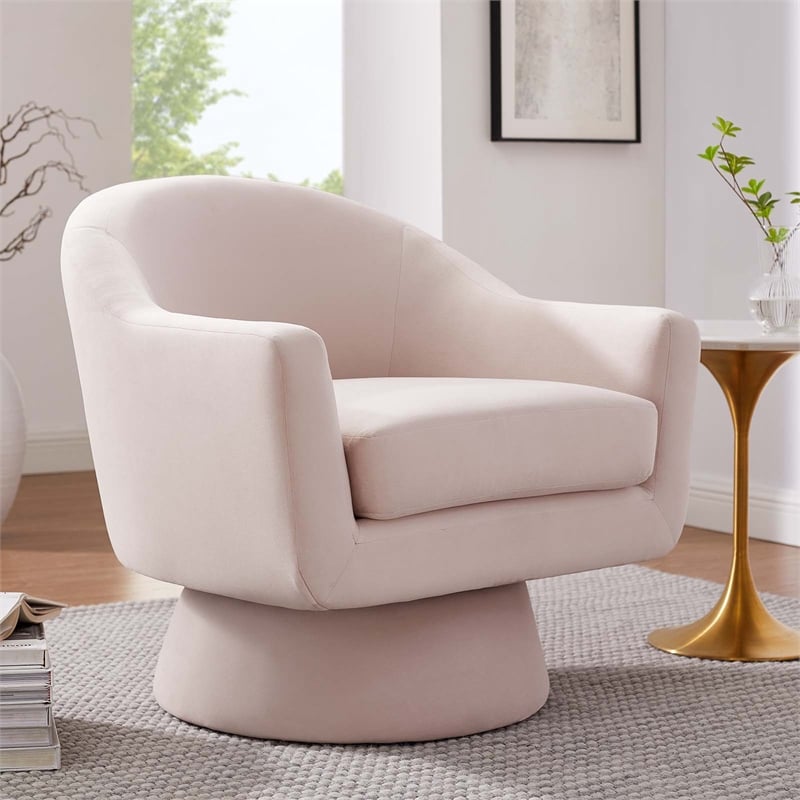 Maklaine Performance Velvet Fabric and Wood Swivel Chair in Pink