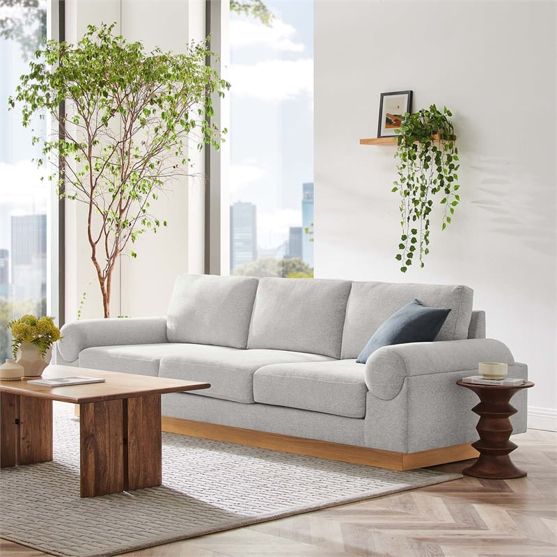 Maklaine Upholstered Fabric Sofa with Bolster Armrests in Light Gray