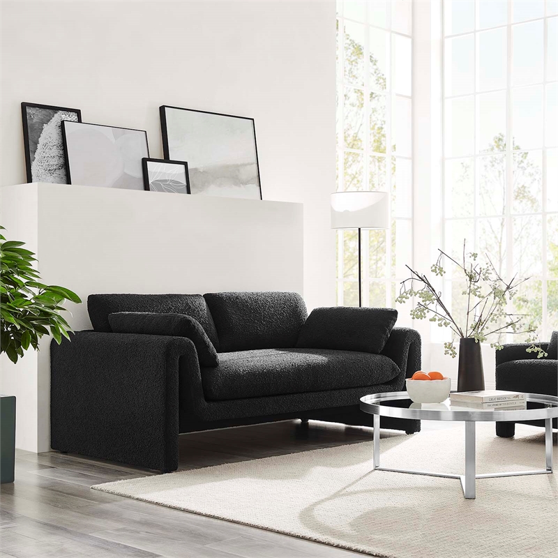 Maklaine Contemporary Upholstered Boucle Fabric Sofa in Black