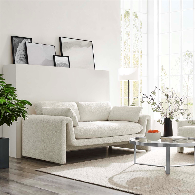 Maklaine Contemporary Upholstered Boucle Fabric Sofa in Ivory