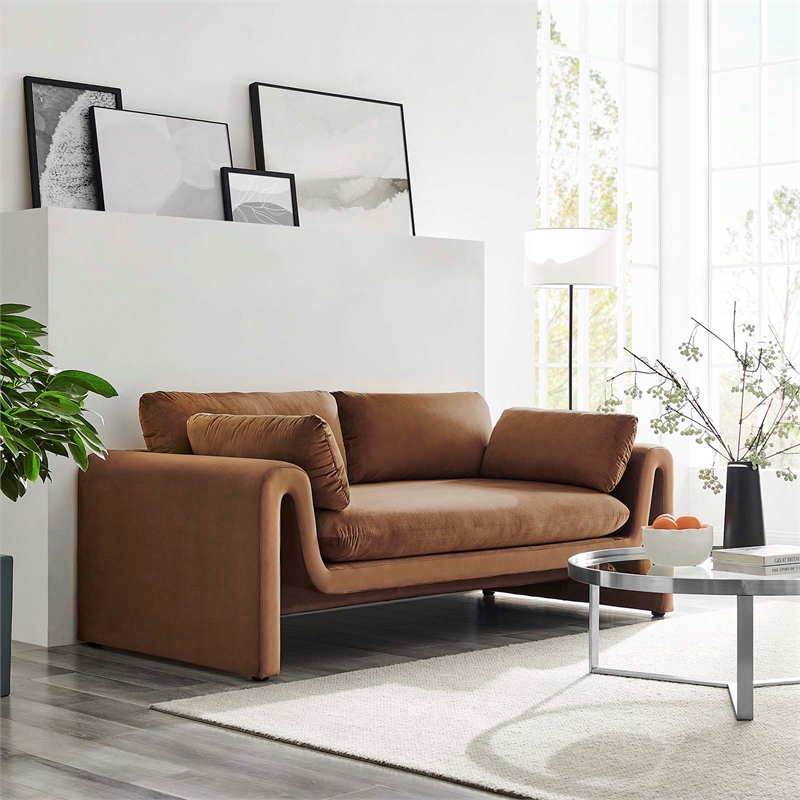 Maklaine Contemporary Upholstered Velvet Fabric Sofa in Brown