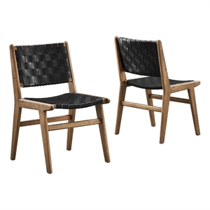 Maklaine 17.5&quot Woven Leather Dining Side Chair in Walnut/Black (Set of 2)