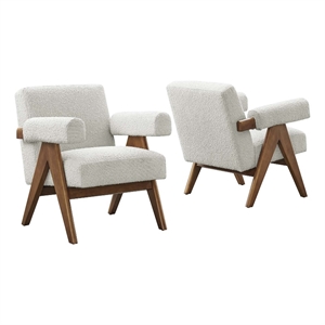 Maklaine Upholstered Modern Boucle Fabric Armchair in Ivory (Set of 2)