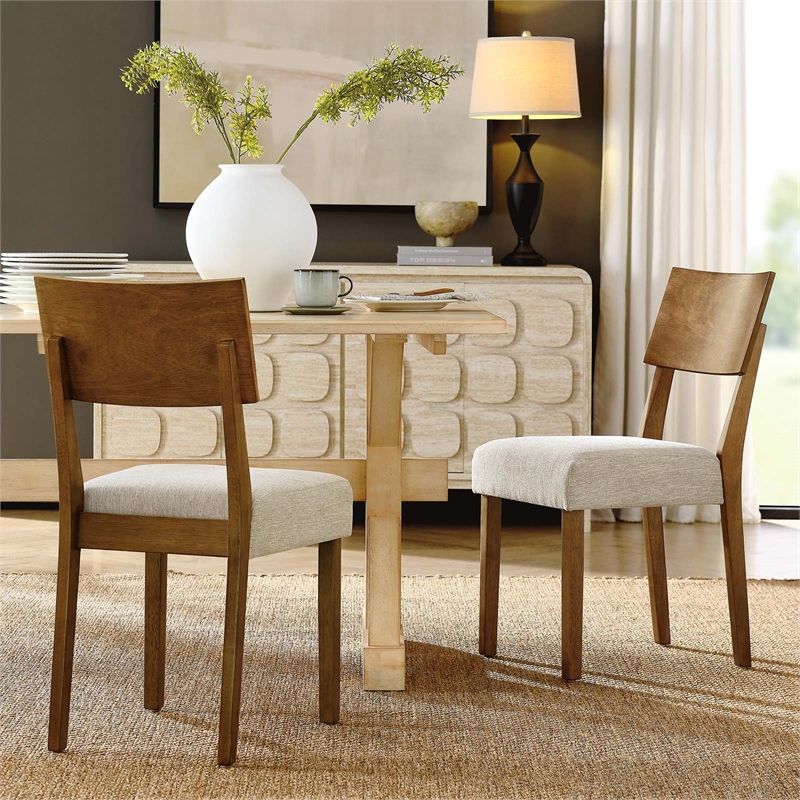 Maklaine Wood Dining Side Chairs - Set of 2 in Acorn Heathered Weave Light Beige