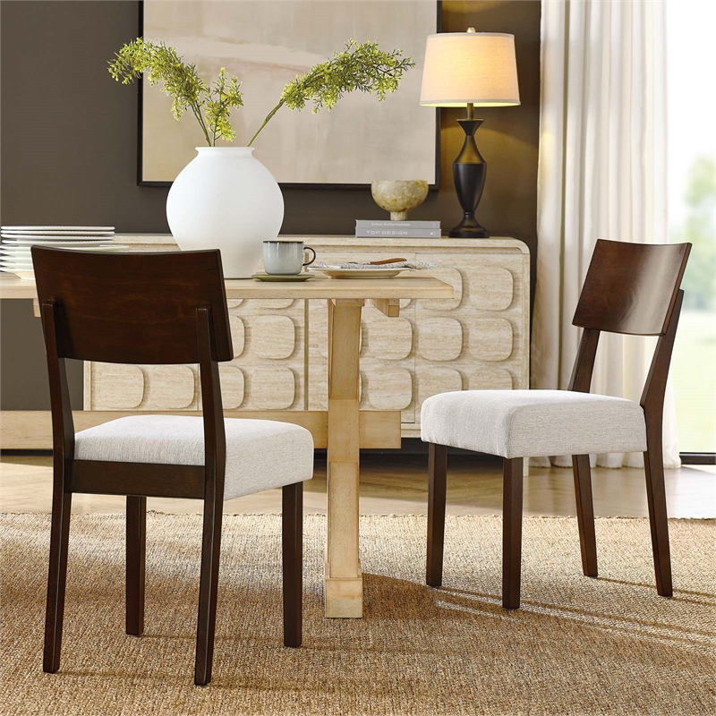 Maklaine Wood Dining Side Chairs - Set of 2 in Walnut Heathered Weave Ivory