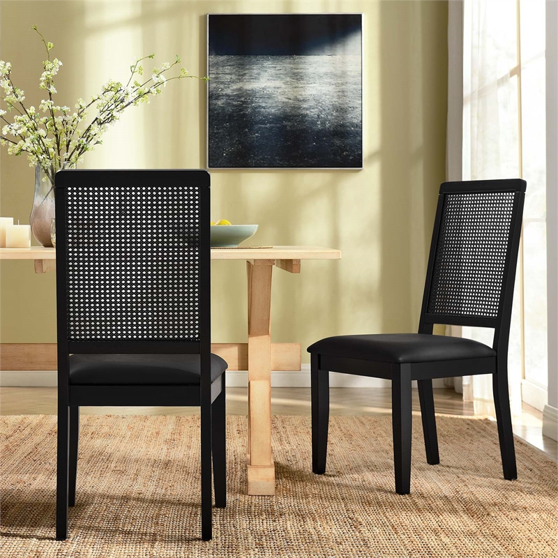 Maklaine Vegan Leather Upholstered Faux Rattan & Wood 2-Pc Dining Side Chairs