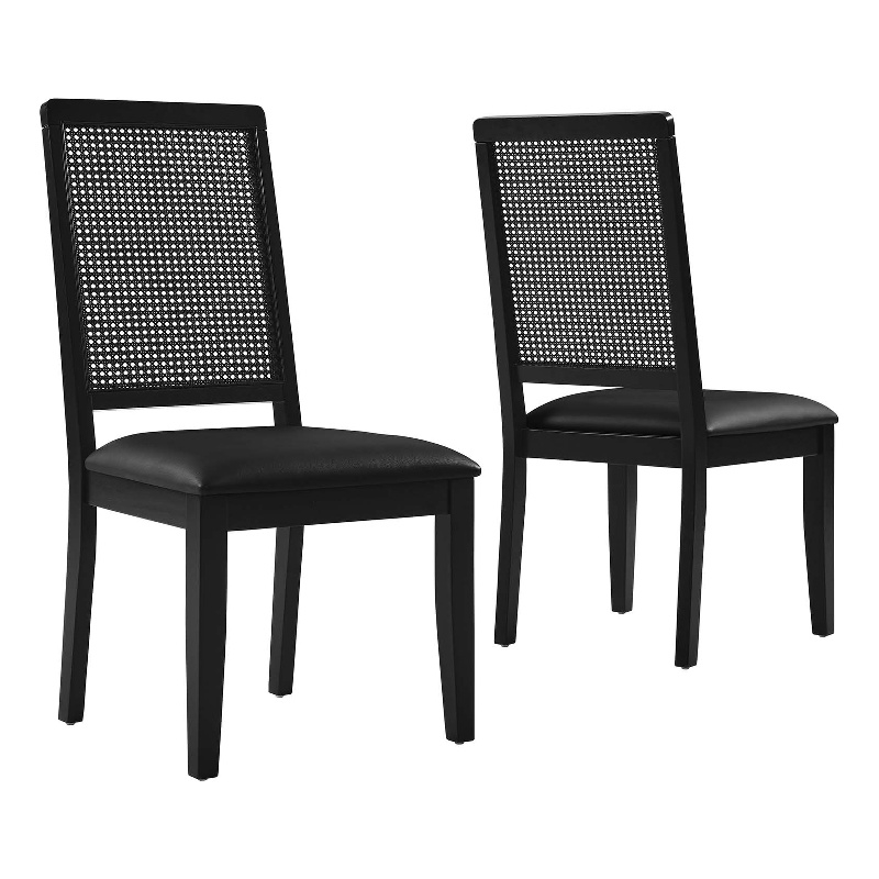 Maklaine Vegan Leather Upholstered Faux Rattan & Wood 2-Pc Dining Side Chairs