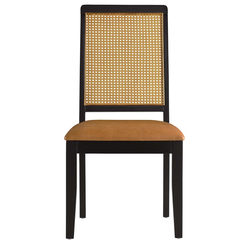 Maklaine Vegan Leather Upholstered Faux Rattan & Wood 2-Pc Dining Side Chairs