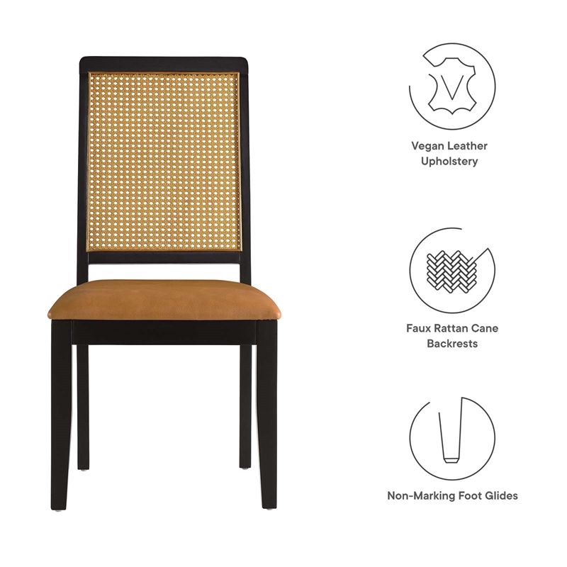 Maklaine Vegan Leather Upholstered Faux Rattan & Wood 2-Pc Dining Side Chairs