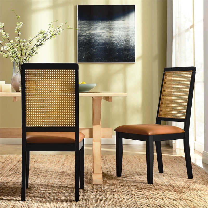Maklaine Vegan Leather Upholstered Faux Rattan & Wood 2-Pc Dining Side Chairs