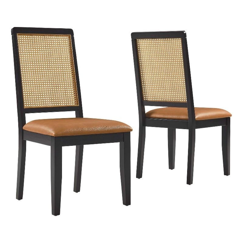 Maklaine Vegan Leather Upholstered Faux Rattan & Wood 2-Pc Dining Side Chairs