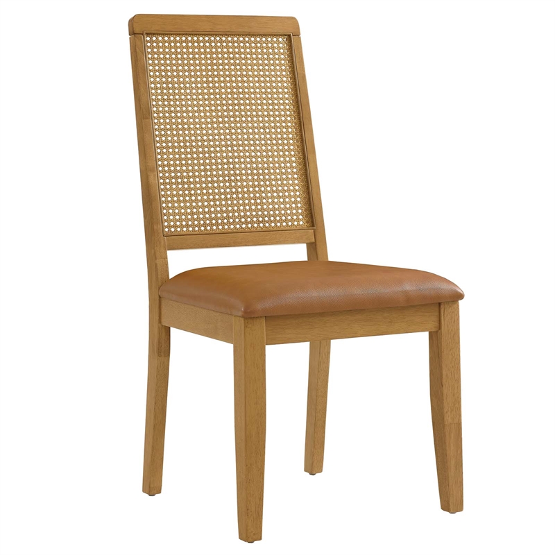 Maklaine Vegan Leather Upholstered Faux Rattan & Wood 2-Pc Dining Side Chairs