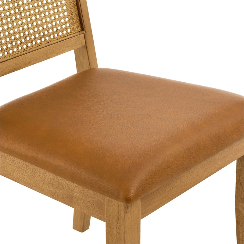 Maklaine Vegan Leather Upholstered Faux Rattan & Wood 2-Pc Dining Side Chairs