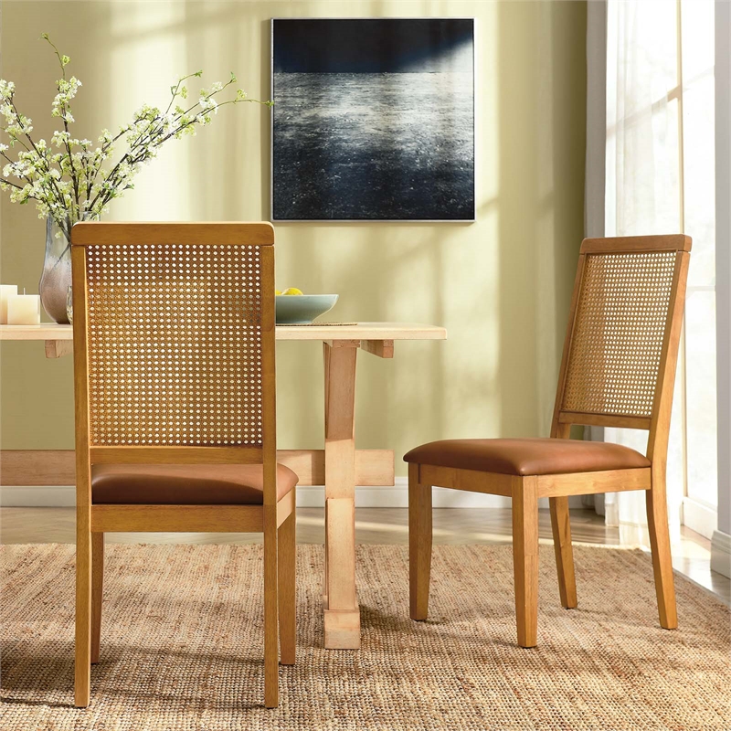 Maklaine Vegan Leather Upholstered Faux Rattan & Wood 2-Pc Dining Side Chairs