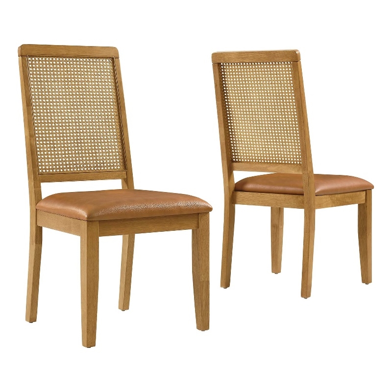 Maklaine Vegan Leather Upholstered Faux Rattan & Wood 2-Pc Dining Side Chairs