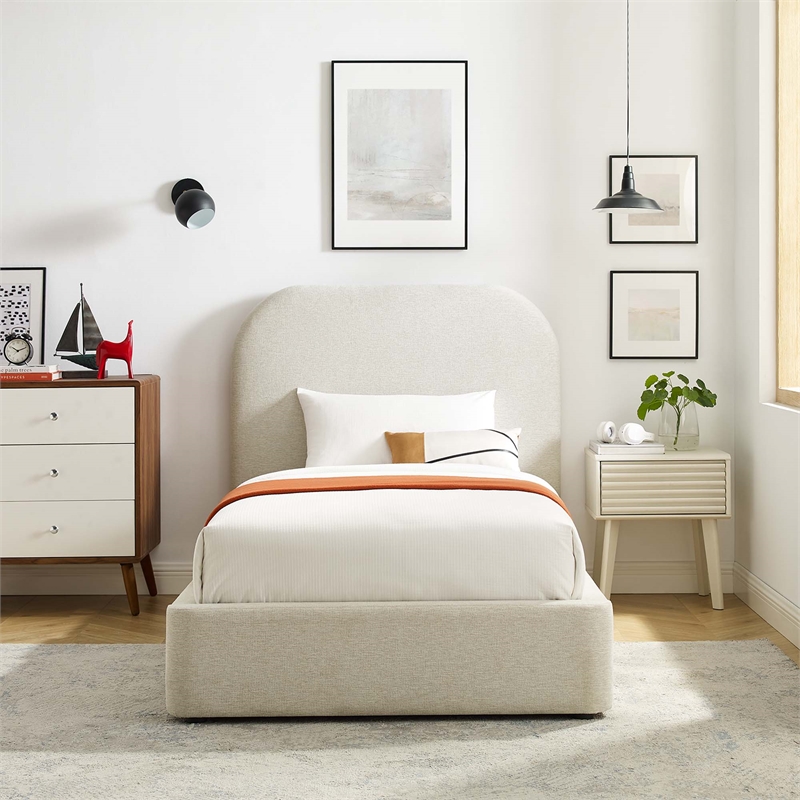 Maklaine Upholstered Fabric Curved Twin Platform Bed in Heathered Weave Ivory