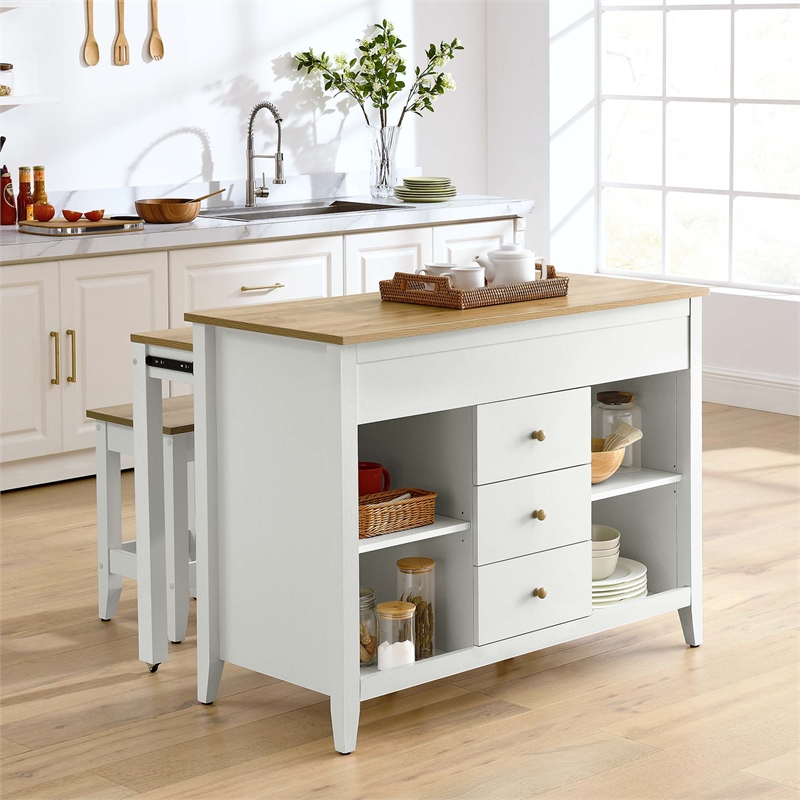 Maklaine Contemporary 3-Piece Kitchen Island and Stool Set in Oak White