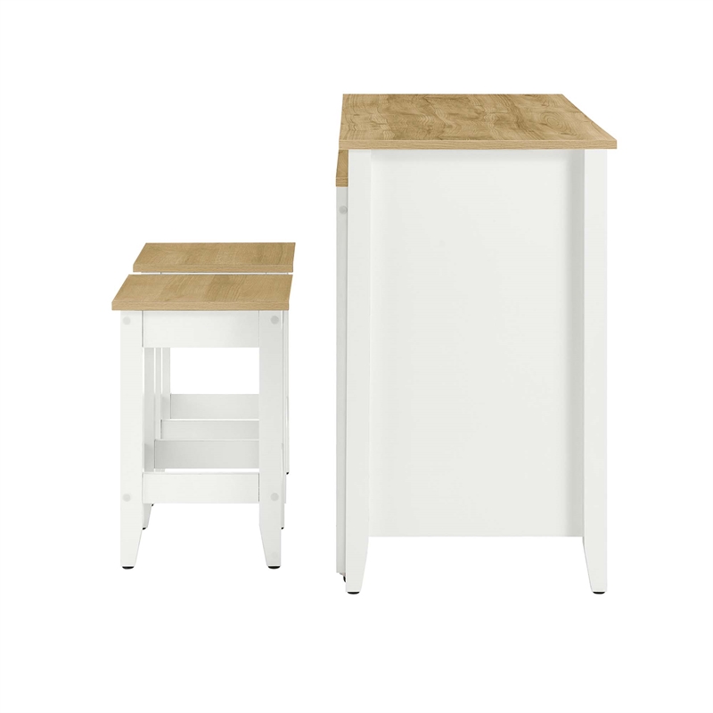 Maklaine Contemporary 3-Piece Kitchen Island and Stool Set in Oak White