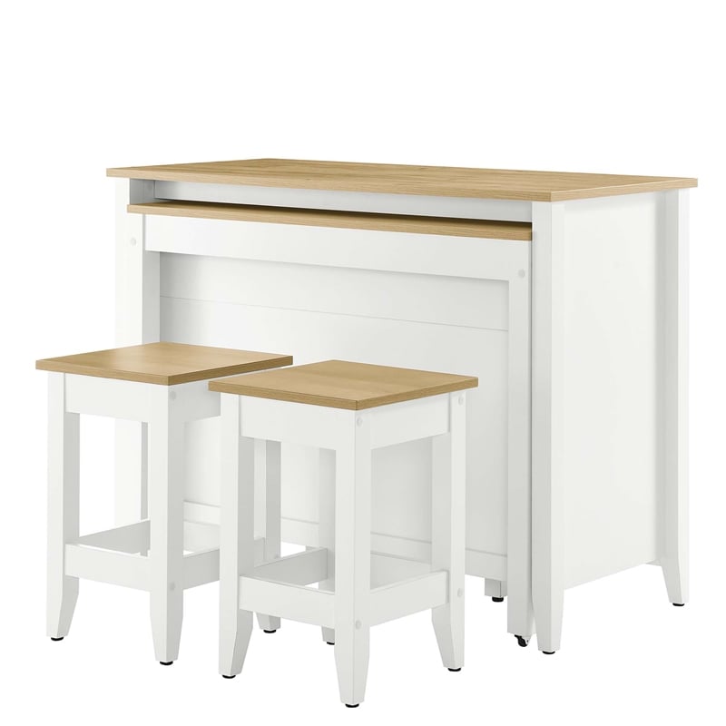 Maklaine Contemporary 3-Piece Kitchen Island and Stool Set in Oak White