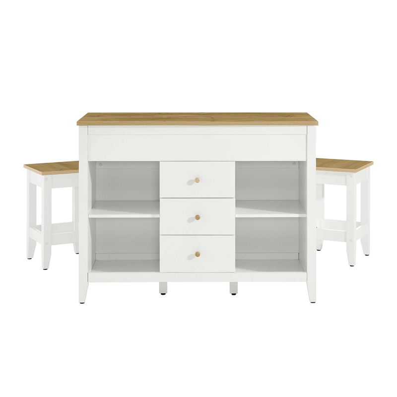 Maklaine Contemporary 3-Piece Kitchen Island and Stool Set in Oak White