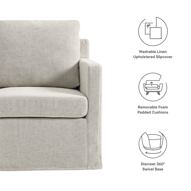 Maklaine Contemporary Fabric Slipcovered Swivel Armchair in Linen