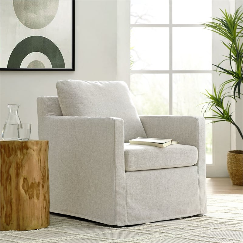 Maklaine Contemporary Fabric Slipcovered Swivel Armchair in Linen