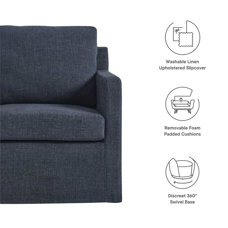 Maklaine Contemporary Fabric Slipcovered Swivel Armchair in Slate Blue