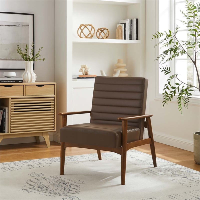 Maklaine Contemporary Vegan Leather Accent Chair in Walnut Brown
