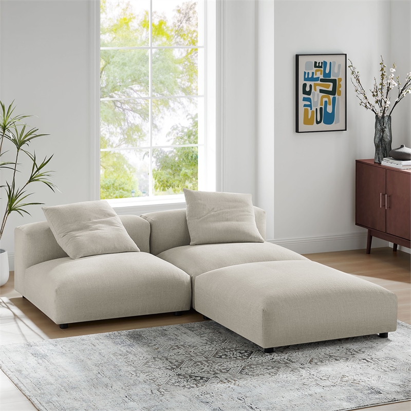 Maklaine 3-Piece Modular Upholstered Fabric Sectional Sofa in Linen