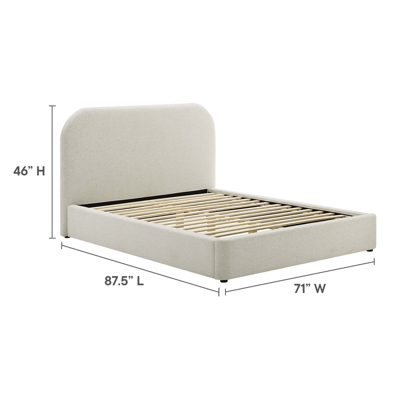 Maklaine Upholstered Fabric Curved Queen Platform Bed in Heathered Weave Ivory