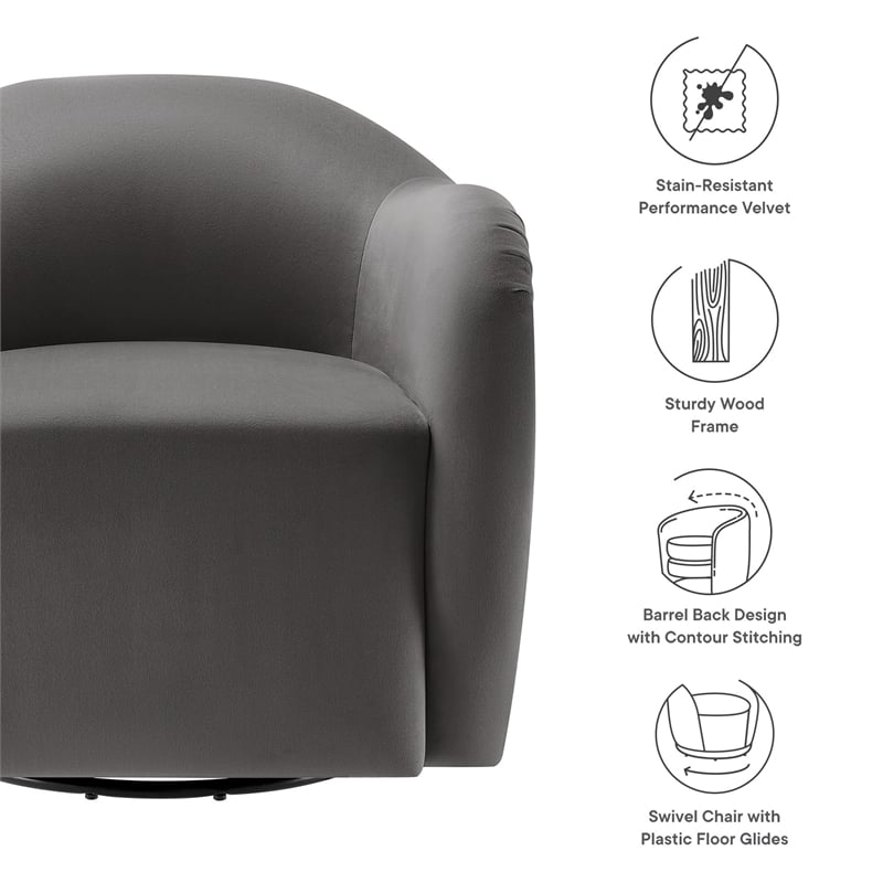 Maklaine Contemporary Performance Velvet Swivel Armchair in Storm Gray